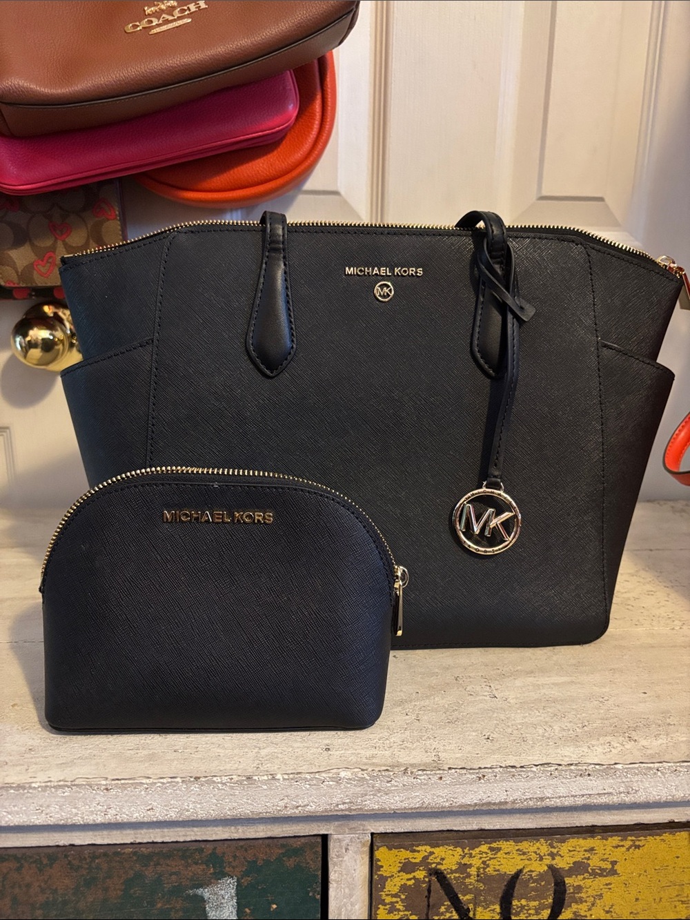 Michael Kors Black Saffiano Tote with Matching Cosmetic Pouch